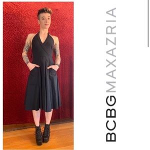 BCBG Max Azria Black Seersucker Midi Halter Dress